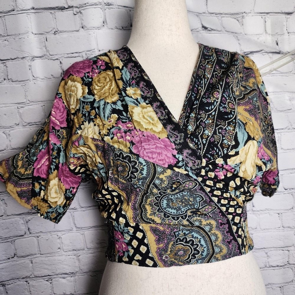 Lee Winter Vintage 80s Floral Paisley Patchwork Faux Wrap Crop Top Blouse M L‎